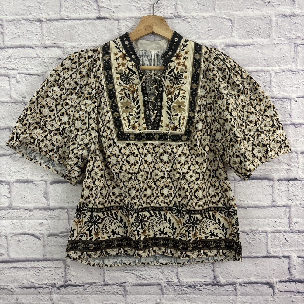 Anthropologie S Puff Sleeve Pleated Blouse‎ Floral Tie Neck Boho Peasant Cotton